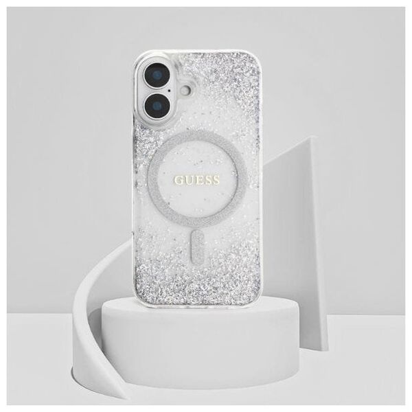 Etui Guess HC Resin Bottom Glitter do     iPhone 16 MagSafe srebrny