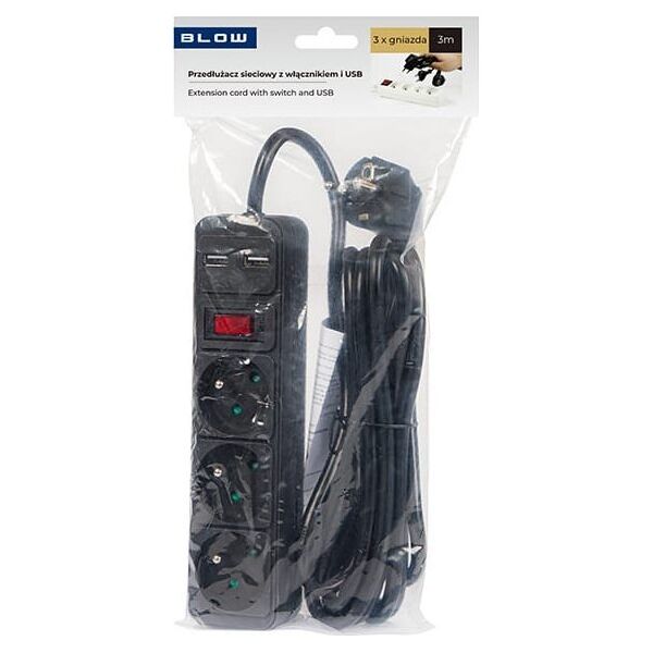 98-775# Przedłużacz sieciowy pr-370wsp/usb 3-gniazda+usb z uziemieniem+wyłącznik 3m czarny 3x1,5mm
