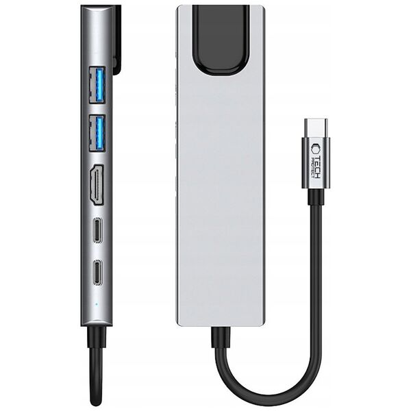 TECH-PROTECT HB02 HUB ADAPTER 6IN1 TYPE-C + USB2.0 + USB3.0 + HDMI 4K 30HZ + RJ45 + PD100W SPACE GREY