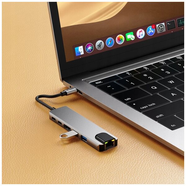 TECH-PROTECT HB02 HUB ADAPTER 6IN1 TYPE-C + USB2.0 + USB3.0 + HDMI 4K 30HZ + RJ45 + PD100W SPACE GREY