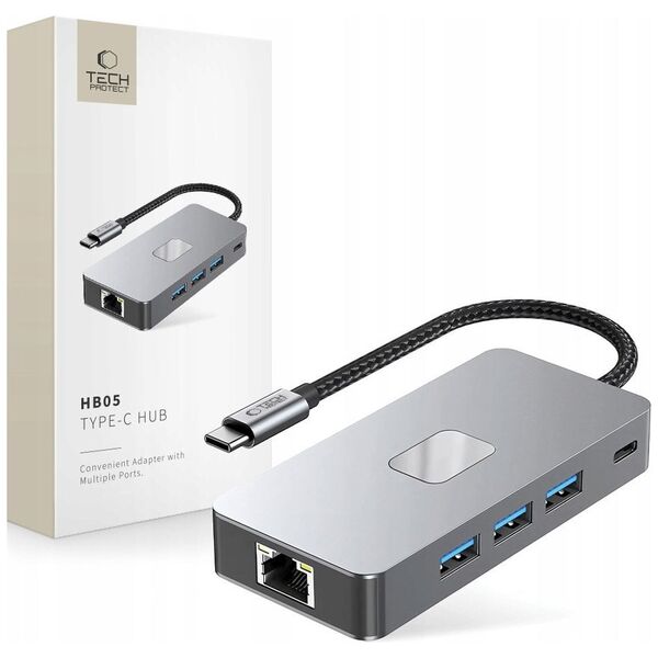 TECH-PROTECT HB05 HUB ADAPTER 9IN1 TYPE-C + USB2.0 + USB3.0 + HDMI 4K 60HZ + SD/TF + PD100W + RJ45 1000M SPACE GREY