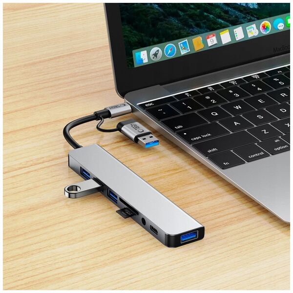 TECH-PROTECT HB06 HUB ADAPTER 9IN1 TYPE-C + USB2.0 + USB3.0 + SD/TF + AV3.5 SPACE GREY