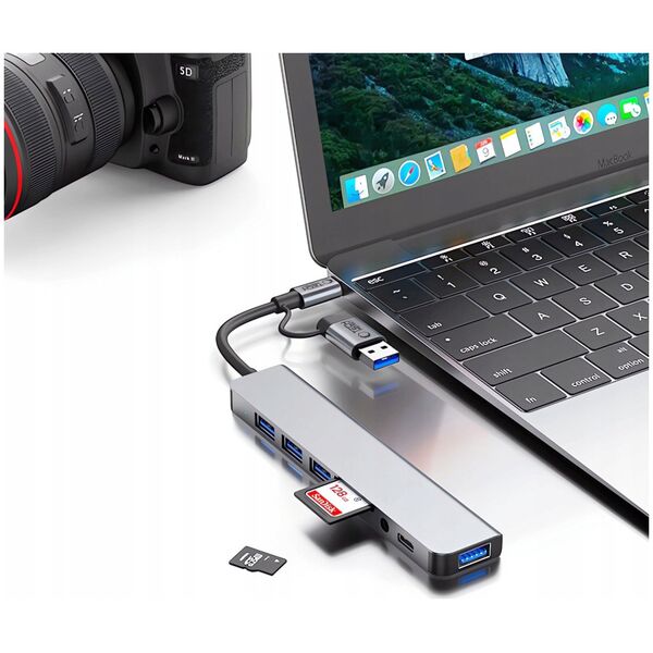 TECH-PROTECT HB06 HUB ADAPTER 9IN1 TYPE-C + USB2.0 + USB3.0 + SD/TF + AV3.5 SPACE GREY