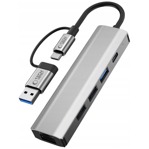TECH-PROTECT HB03 HUB ADAPTER 5IN1 TYPE-C + USB2.0 + USB3.0 + RJ45 SPACE GREY