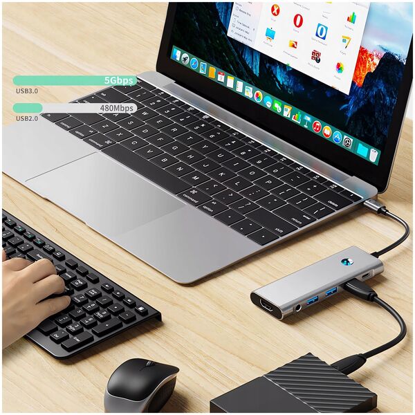 TECH-PROTECT HB04 HUB ADAPTER 9IN1 TYPE-C + USB2.0 + USB3.0 + HDMI 4K 60HZ + SD/TF + PD100W + AV3.5 SPACE GREY