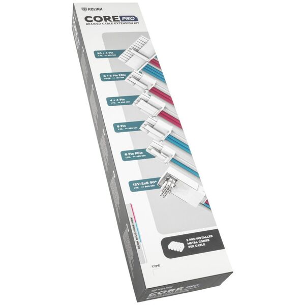 Kolink Kolink Core Pro Braided Cable Extension Kit 12V-2x6 Type 2 - Brilliant White/Neon Blue/Pure Pink 13338810 5999094005761