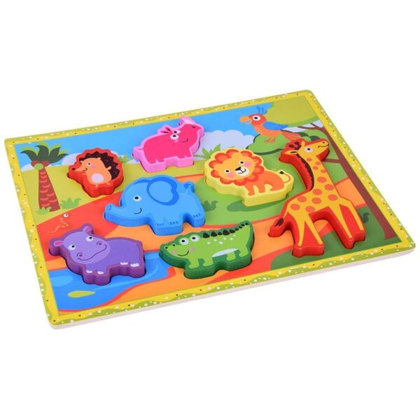 Jokomisiada Drewniane puzzle układanka zwierzątka safari 7ele dopasuj kształty ZA5256