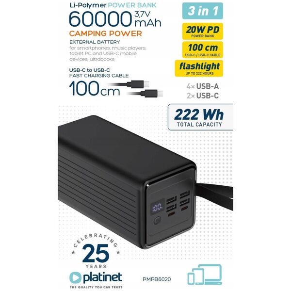 PLATINET POWER BANK 60000 mAh 20W PD FLASHLIGHT USB-C 1M CABLE [46013]