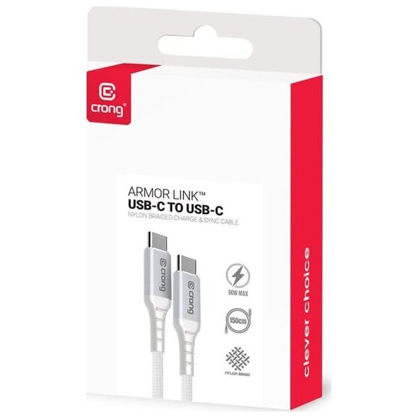 Crong Armor Link - Kabel 60W PD 3A USB-C do USB-C 25cm (biały)