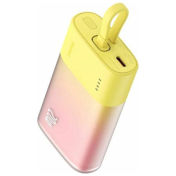 Powerbank Baseus Popsicle 5200mAh 20W z wbudowanym kablem Lightning (+ biały kabel Baseus Simple USB-C - USB-C 60W/20V/3A/30cm) - zółto-różowy