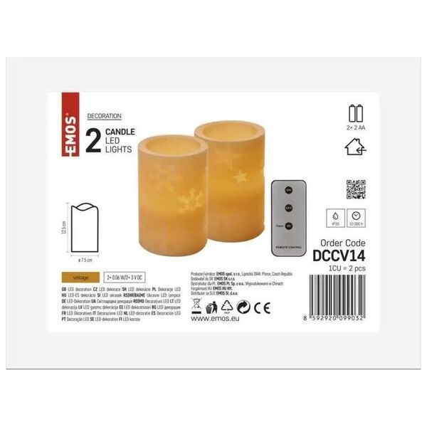 Kaledine dekoracija "2 zvakutes", 2 x 3Vdc (2x2 x AA), 2 x 1 LED, gintarine balta, su laikmaciu, valdikliu ir pulteliu, EMOS