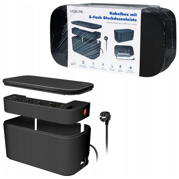 Kabel zasilający LogiLink LogiLink Kabelbox m. 5-fach-Steckdosenleiste USB/Schuko sch