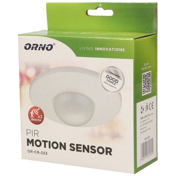 Orno Czujnik ruchu 360 st. IP20, 2000W, 3 sensory, regulacja zasięgu ?3m-20m, biały