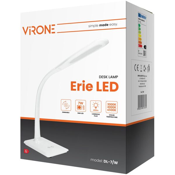 Lampka biurkowa Orno ERIE LED DIM 7W, lampka biurkowa, 400lm, biała, funkcja ściemniania i zmiany temperatury barwowej 3000K-4000K-6000K