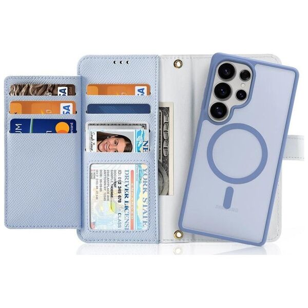 Etui skórzane Dux Ducis Lawa na Samsung Galaxy S25 Ultra z odłączanym portfelem magnetycznym - niebieskie