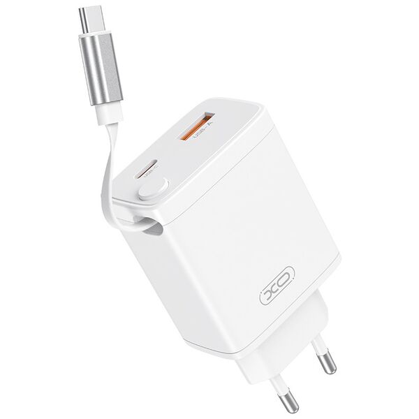 XO wall charger CE31 1x USB 1x USB-C 30W white with retractable USB-C cable 6920680819478