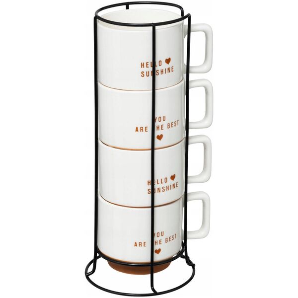 Zestaw 4 porcelanowych kubków HELLO na metalowym stojaku, 4 x 300 ml