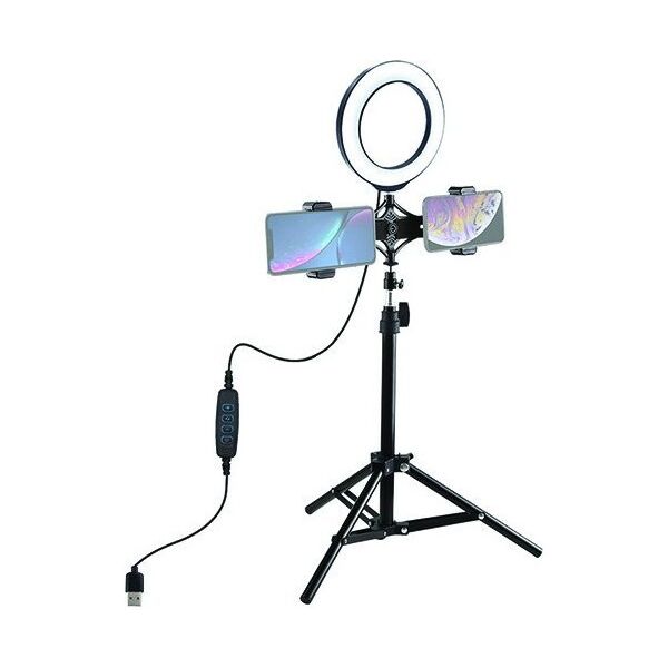 Puluz LED δακτυλιοειδής λάμπα žiedinė lempa 16cm, su trikoju stovu iki 70cm ir dvigubu telefono laikikliu, USB 13360259 9990000940523