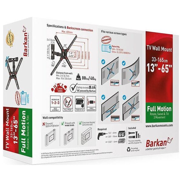 Barkan Barkan RKAN BM331 13"-65" TV, 3 lankstų, sieninis, juodas 13413115 7290016783865