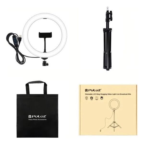 Puluz LED δακτυλιοειδής λάμπα žiedinė lempa 26cm, su trikoju stovu iki 1,1m ir telefono laikikliu, USB 13422674 9990000940424