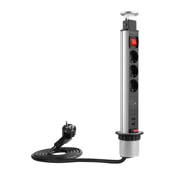Deltaco Iššokanti maitinimo juosta DELTACO OFFICE su apsauga nuo viršįtampių, 3x EU kištukai, 2x USB, juoda/sidabrinė / DELO-0402 13435697 7333048044150