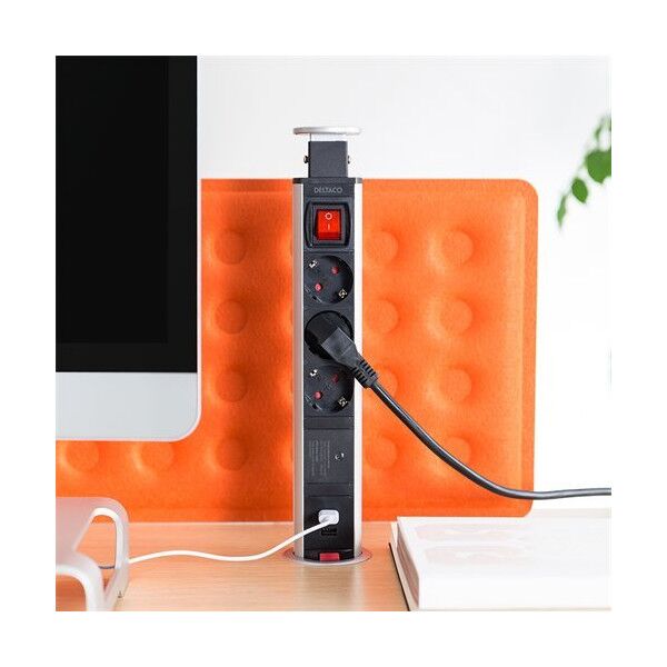 Deltaco Iššokanti maitinimo juosta DELTACO OFFICE su apsauga nuo viršįtampių, 3x EU kištukai, 2x USB, juoda/sidabrinė / DELO-0402 13435697 7333048044150