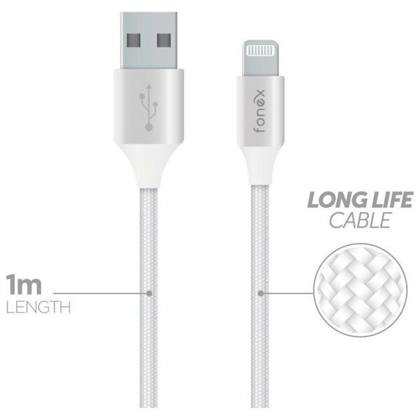 Καλώδιο δεδομένων Fonex USB σε Lightning 10W Fabric 1m By Fonex White 13452824 8026386238020