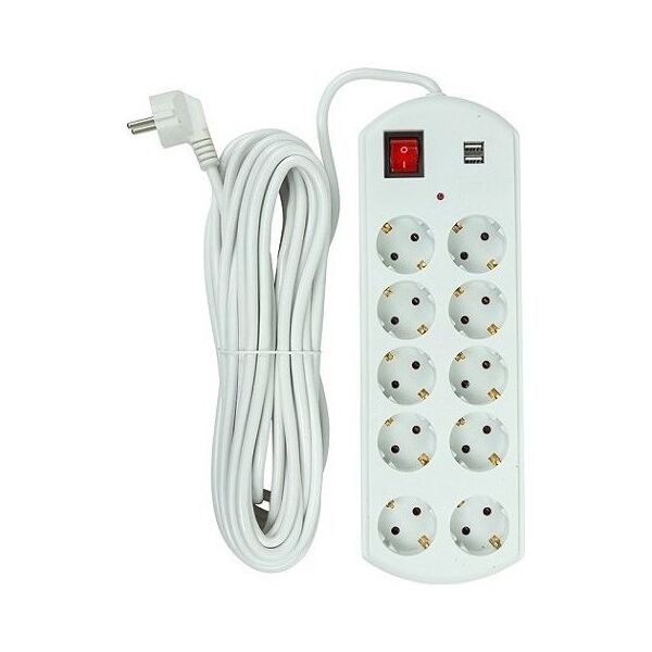EXD Buitini ilgiklis 10m, 10 lizdų, 2x USB, su jungikliu 13460373 9990000610563
