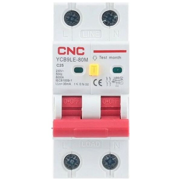 CNC CNC Nuotėkio relė su automatiniu išjungikliu, 2P, 25A, C class, 30mA, 6kA 14178818 6942034323707