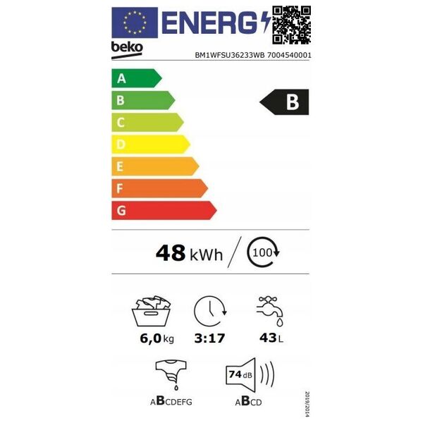 Pralka Beko BEKO Washing machine BM1WFSU36233WB, 6 kg, Energy class A, 44.6 cm, 1200 rpm, Inverter motor, Steam Cure