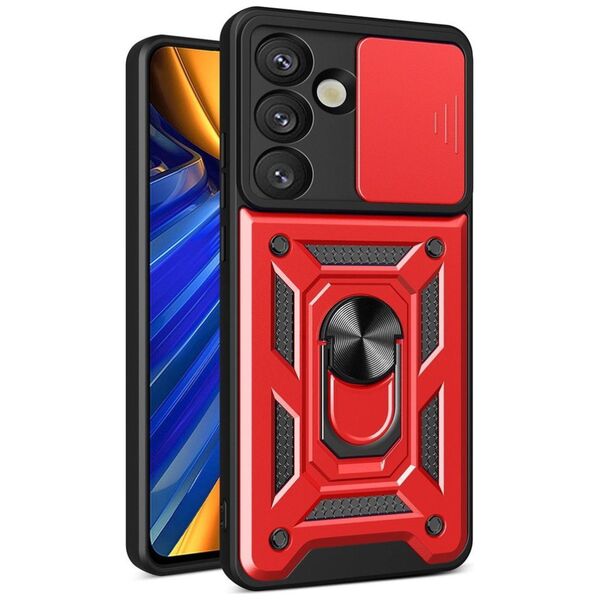 Etui pancerne Hybrid Armor Camshield z osłoną aparatu i metalowym ringiem do Samsung Galaxy S25 - czerwone