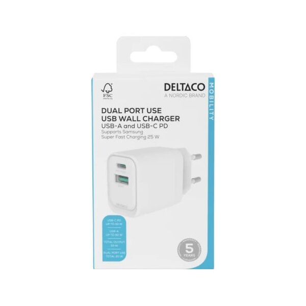 USB GaN sieninis įkroviklis DELTACO, 1x USB-A 18, W 1x USB-C PD 30 W, PPS / USBC-AC155 / 1903158