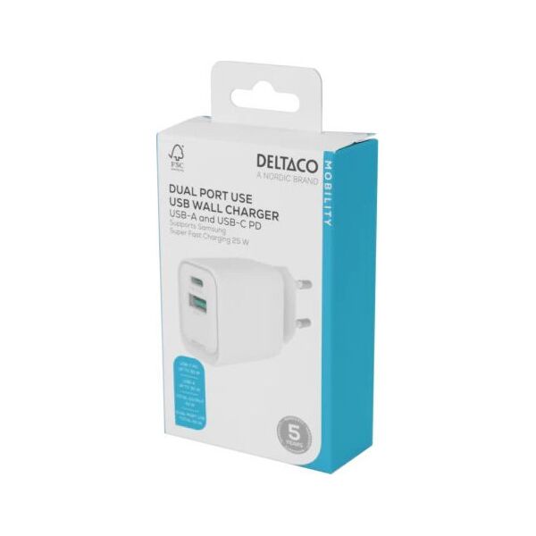 USB GaN sieninis įkroviklis DELTACO, 1x USB-A 18, W 1x USB-C PD 30 W, PPS / USBC-AC155 / 1903158
