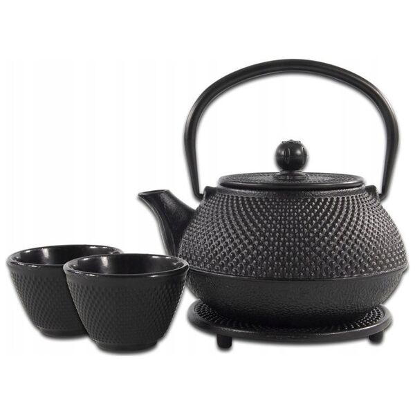 Cast iron teapot with filter MPLCo, with cups, black, 0.8 L