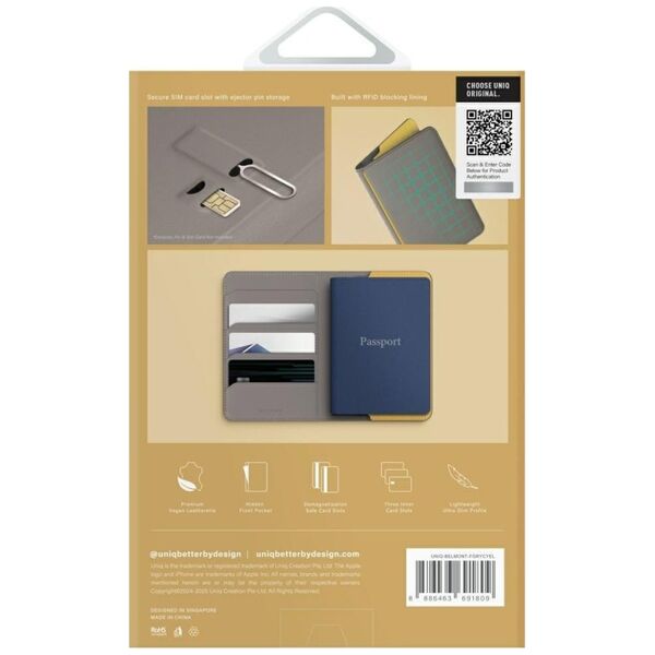 UNIQ Belmont Passport Case RFID Blocking Gray/Yellow