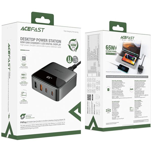 Ładowarka sieciowa stacja zasilania biurkowa Z6 GaN 2x USB-A 2x USB-C PD 65W - czarna Ładowarka sieciowa stacja zasilania biurkowa Z6 GaN 2x USB-A 2x USB-C PD 65W - czarna