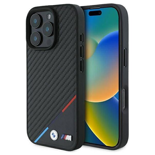 Original Case IPHONE 16 PRO BMW Hardcase M Carbon Tricolor Line MagSafe (BMHMP16L23PUDTK) black 3666339312084
