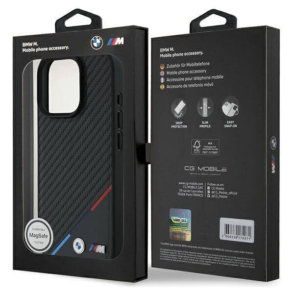 Original Case IPHONE 16 PRO BMW Hardcase M Carbon Tricolor Line MagSafe (BMHMP16L23PUDTK) black 3666339312084