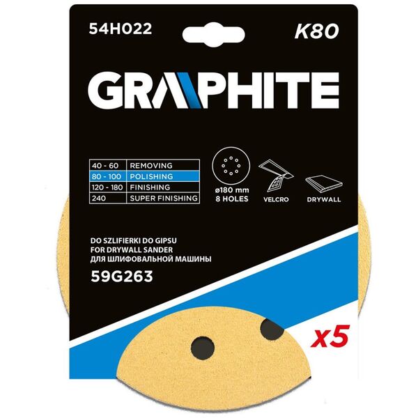 Graphite Papier ścierny na rzep 180 mm, K80, 5 szt., z 8 otworami do szlifierki 59G263