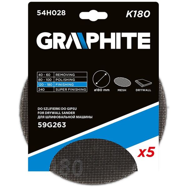Graphite Siatka ścierna do gipsu na rzep 180 mm, K180, 5szt do szlifierki 59G263