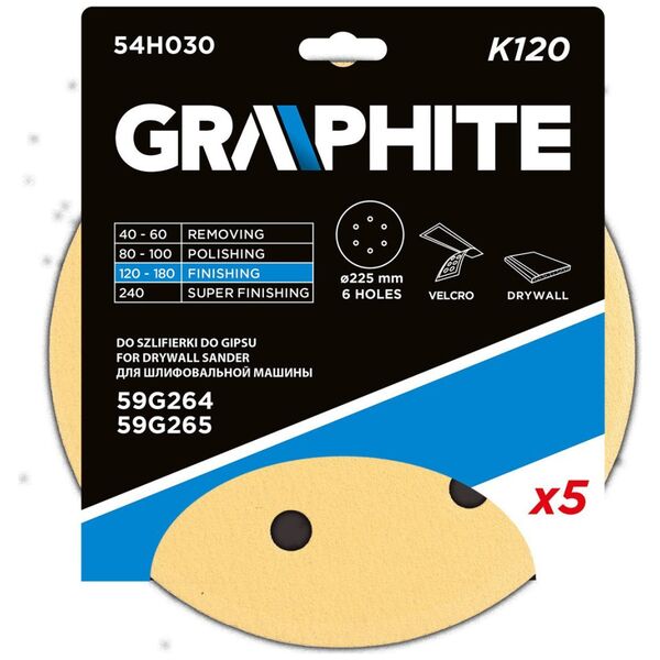 Graphite Papier ścierny na rzep 225 mm, K120, 5 szt., z 6 otworami do szlifierki 59G264, 59G265