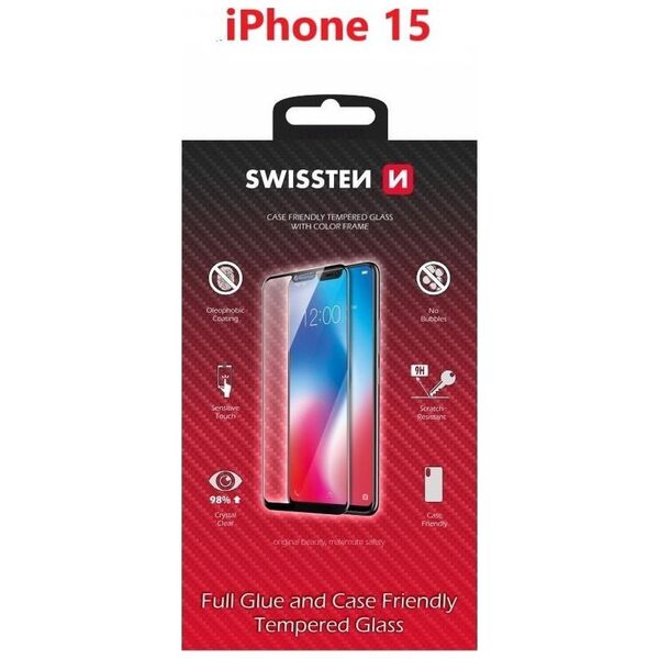 Swissten Tempered Glass with Black Edges (Frame & Case Friendly) for iPhone 15