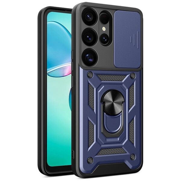 Etui pancerne Hybrid Armor Camshield z osłoną aparatu i metalowym ringiem do Samsung Galaxy S25 Ultra - niebieskie