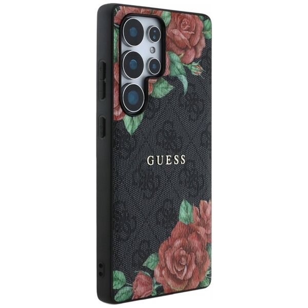 Guess Leather 4G Flowers Print Metal Classic Logo MagSafe Case Samsung Galaxy S25 Ultra black