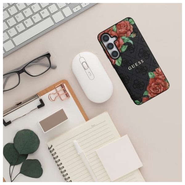 Guess Leather 4G Flowers Print Metal Classic Logo MagSafe Samsung Galaxy S25 case black