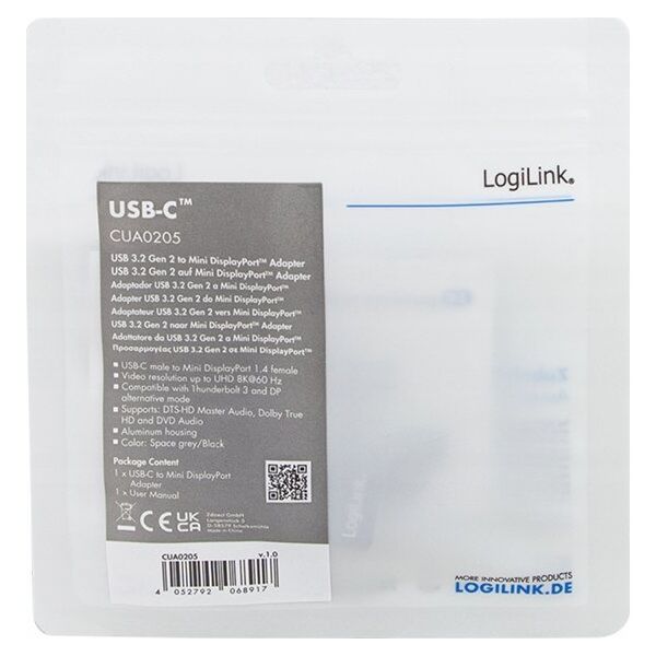 LOGILINK CUA0205 Adapter USB typu C USB-C/M na mDP/F 8K aluminium czarny/szary