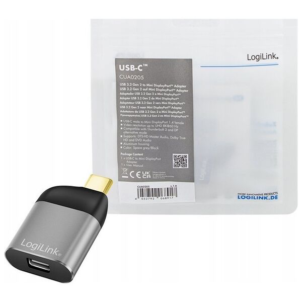 LOGILINK CUA0205 Adapter USB typu C USB-C/M na mDP/F 8K aluminium czarny/szary