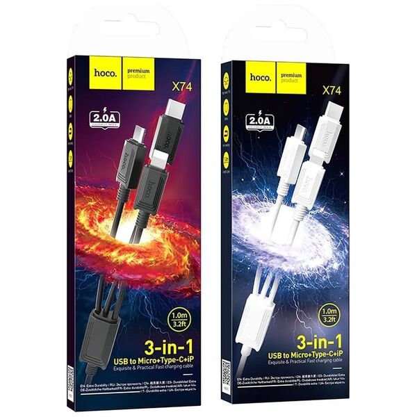 Kabel USB Hoco HOCO kabel 3w1 USB A do Lightning / Micro USB / Typ C 2A X74 1 m biały
