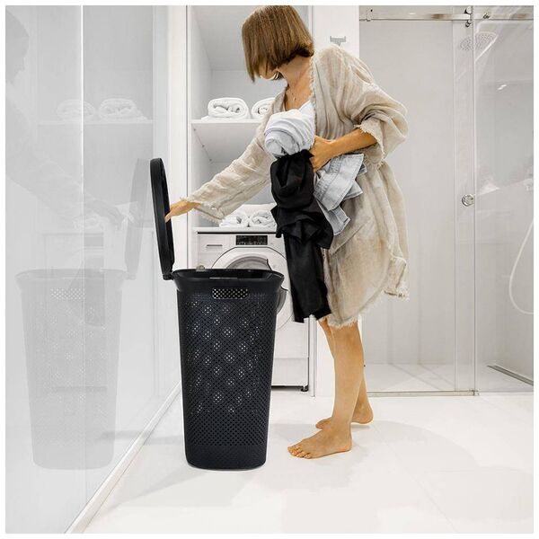 Kosz na pranie Bathroom Solutions Kosz na pranie pojemnik łazienkowy na odzież bieliznę z pokrywą czarny 60 l