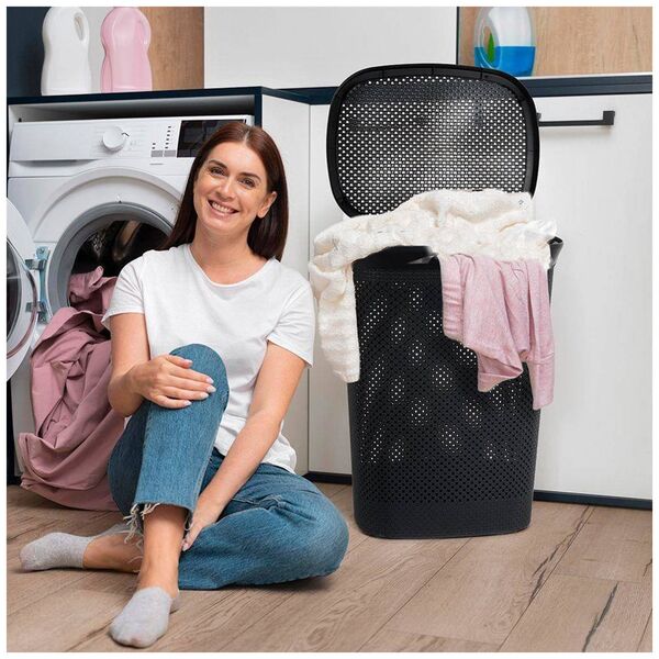 Kosz na pranie Bathroom Solutions Kosz na pranie pojemnik łazienkowy na odzież bieliznę z pokrywą czarny 60 l